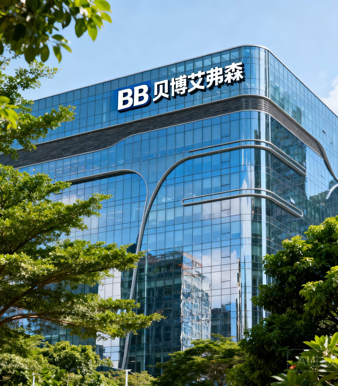 BB贝博艾弗森深圳总部大厦外观，现代化玻璃幕墙建筑，楼顶悬挂公司标识，周围绿树成荫，展现企业实力与品牌形象