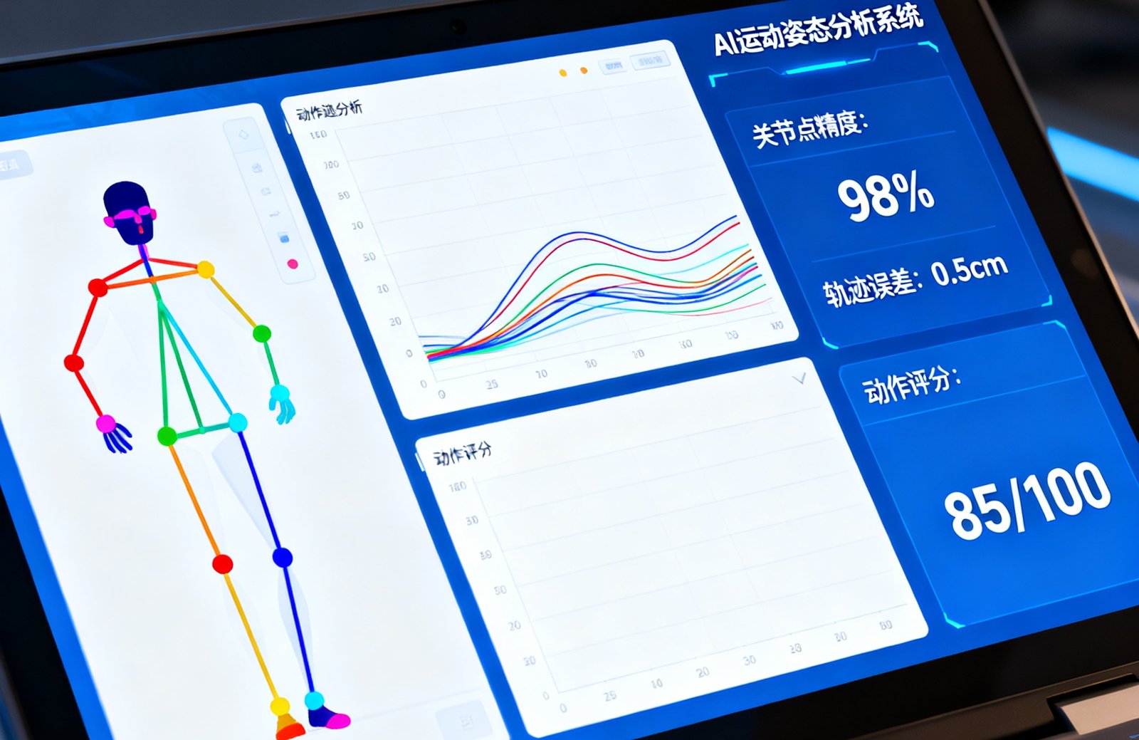 AI运动姿态分析系统的界面截图，显示运动员骨骼关节点追踪、动作轨迹分析和评分数据面板
